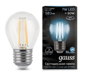 Светодиодная лампа  Gauss  G45   7Вт  150-265В  4100K  E27  филамент.