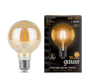 Светодиодная лампа  Gauss  G95  6Вт  185-265В  2400K  E27  филамент.  Golden
