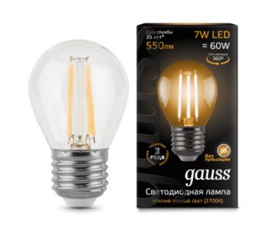 Светодиодная лампа  Gauss  G45   7Вт  150-265В  2700K  E27  филамент.