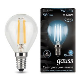 Светодиодная лампа  Gauss  G45   7Вт  150-265В   4100K  E14  филамент.