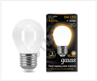 Светодиодная лампа  Gauss  G45   5Вт  150-265В  2700K  E27  филамент.